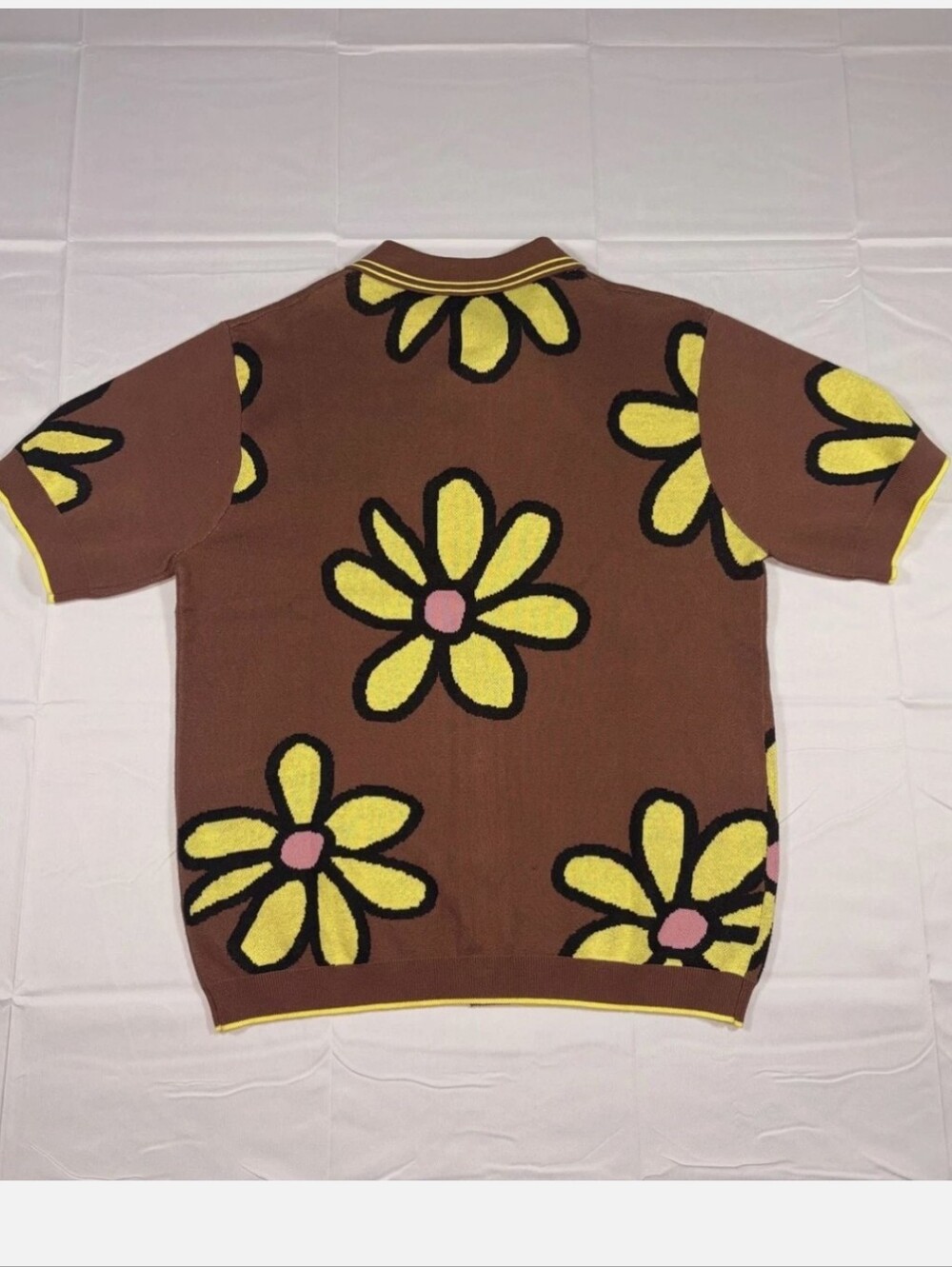 NWT Unisex WESC Brown Button-Up Floral Knit Polo with Yellow & Pink Accents - Picture 8 of 10